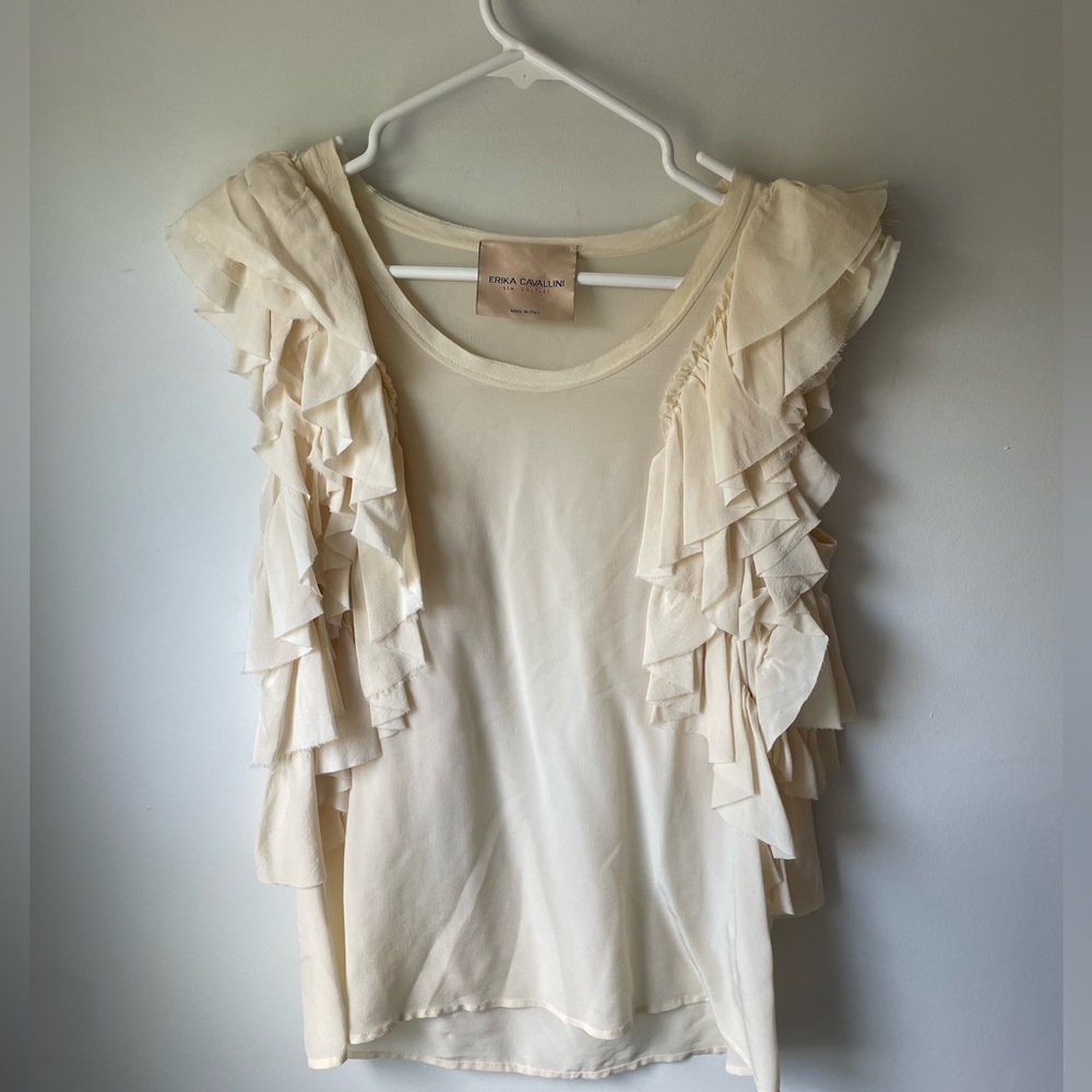 Erika Cavallini Semi-Couture Ruffle Sleeves Ivory Top Size 40 100% Silk